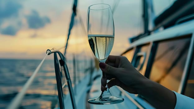 Elegant sunset champagne toast on a luxury yacht with seascape view.
