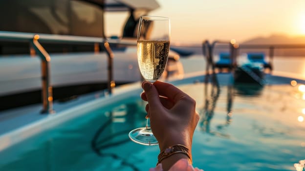 Female hand with champagne glass by pool on yacht at sunset.