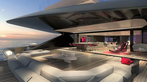 Luxury modern yacht interior with ocean view at sunset.