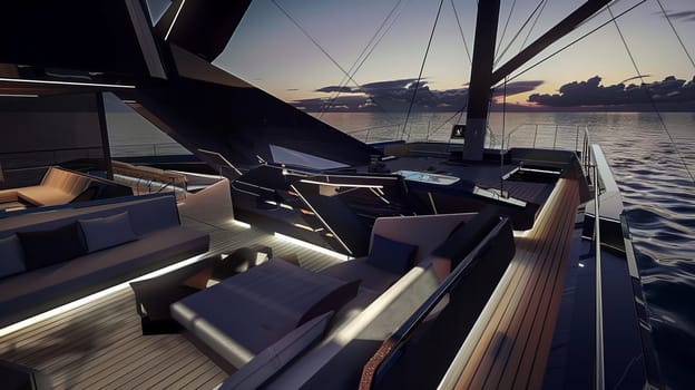 Luxurious yacht interior at sunset on serene ocean.