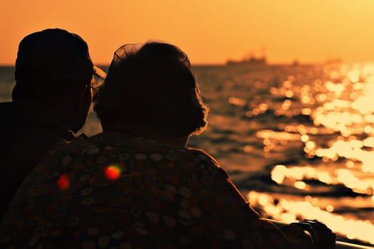 Elderly couple enjoying ocean sunset silhouette at golden hour.