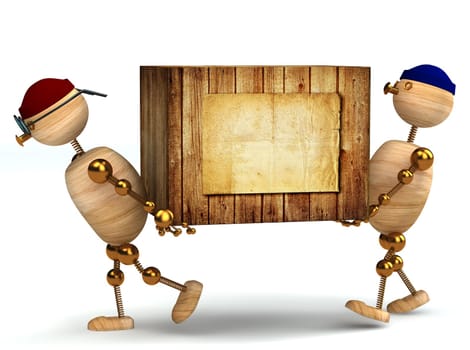 two 3d wood man carring big wooden box