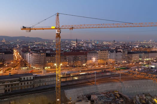 Building construction at night