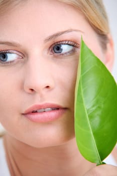 Closeup of beautiful woman holding green plant leaf