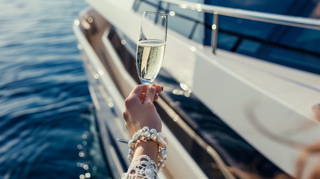 Elegant female hand holding champagne glass on luxurious yacht cruise.