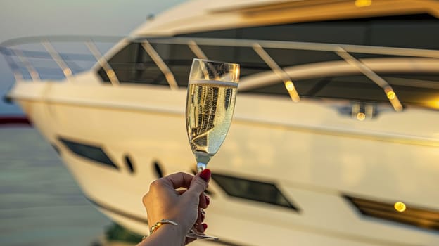 Elegant celebration with champagne on luxury yacht at sunset.