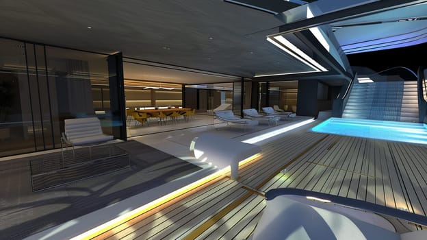 Luxurious modern yacht interior with pool and lounge area at night.