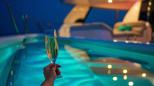 Luxurious evening on yacht with champagne and pool.