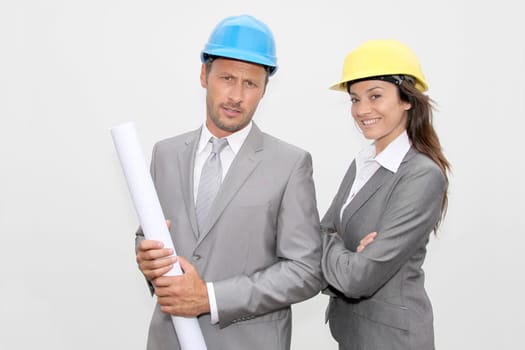 Business people with security helmet on white background