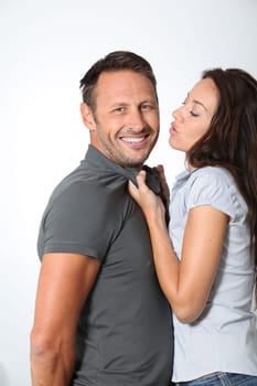 Woman pulling on her boyfriend neck