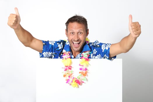 Man with hawaan shirt on white background