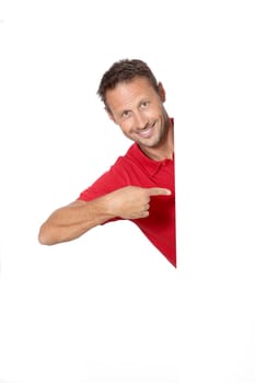 man in red shirt showing white board