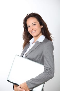 Smiling businesswoman on white background