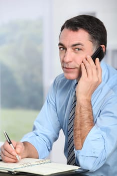 Businessman on the phone writing on agenda