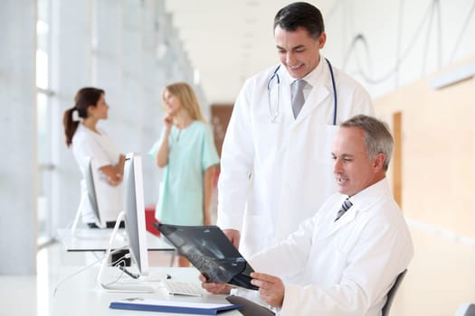 Doctors looking at radiography in hospital