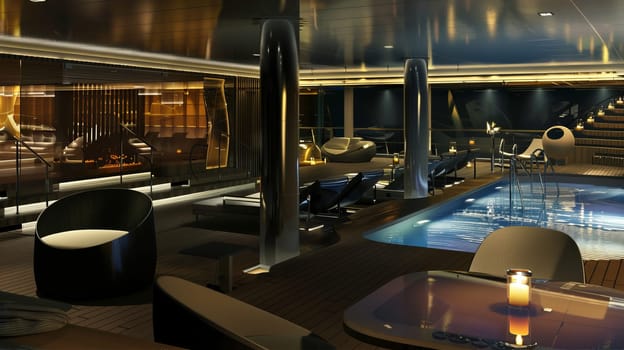Luxurious yacht interior with modern pool and elegant lighting.