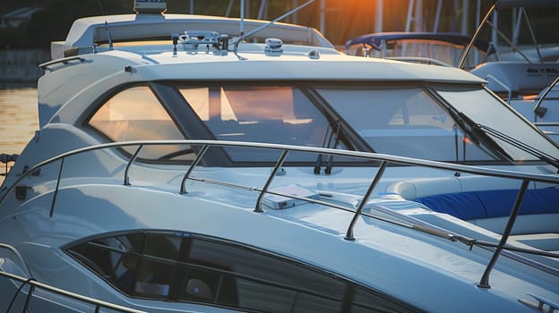 Luxury yacht at sunset in marina with sunlit reflections and elegant design.