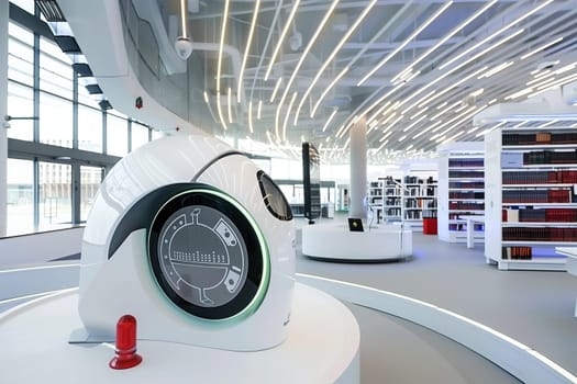 Futuristic library with advanced robotics and modern interior design.