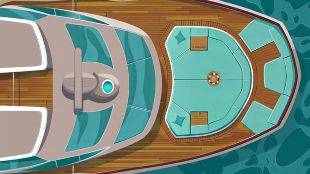 Aerial view of luxury yacht deck and jacuzzi on open sea.