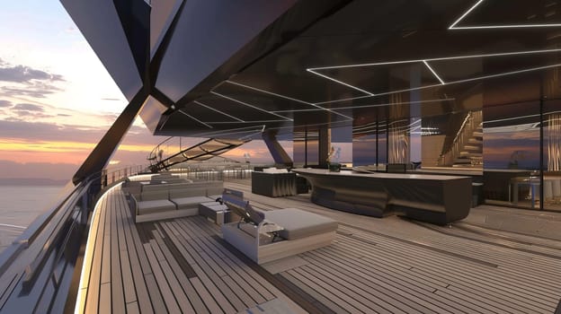 Luxury modern yacht interior with sunset view and sleek design features.