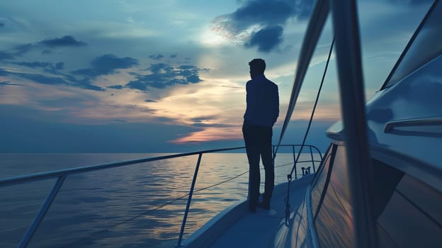 Solitary reflection of young caucasian male at sunset on sailboat's deck.