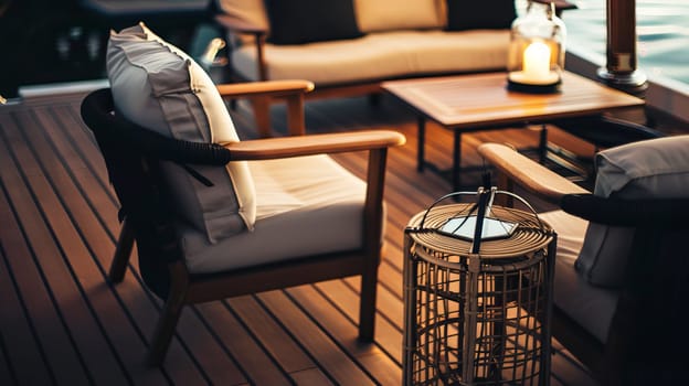 Cozy outdoor patio seating with lantern lighting on wooden deck at dusk.