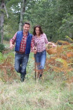 Couple in forest picking mushrooms in autumn