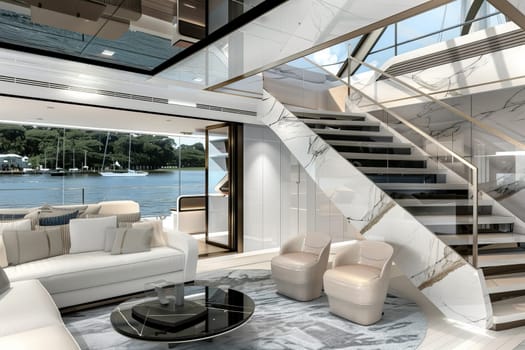 Luxurious yacht interior with modern design and scenic ocean view.