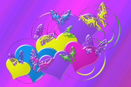 Colorful hearts with butterflies