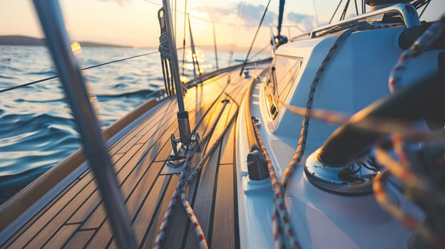 Sailing adventure at sunrise: close-up of yacht deck and ropes on ocean journey.