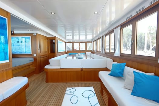 Luxurious yacht interior with wooden finish and white seating in sunlit room.