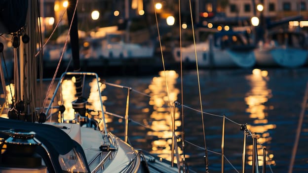 Sailboat at night with glowing reflections in marina.