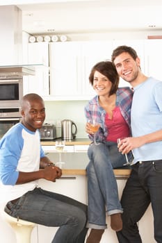 Group Of Young Friends Enjoying Glass Of Wine In Modern Kitchen