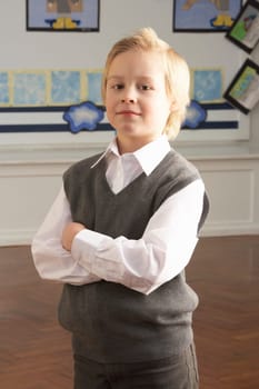Portrait Of Male Primary School Pupil Standing In Classroom