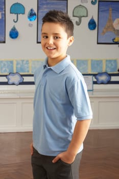 Portrait Of Male Primary School Pupil Standing In Classroom