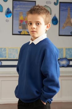 Portrait Of Male Primary School Pupil Standing In Classroom