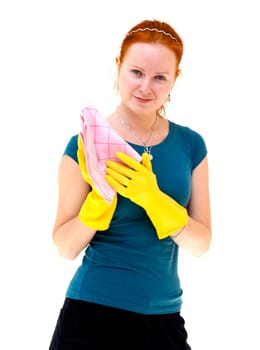 redhead young woman holding a rag