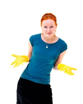 redhead young woman with yellow gloves