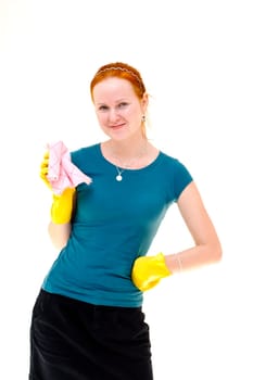redhead young woman holding a rag