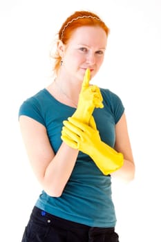 redhead young woman with yellow gloves