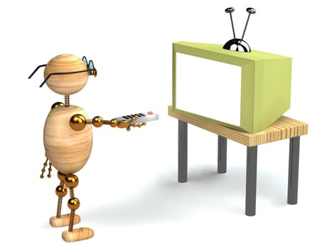3d wood man is watching tv