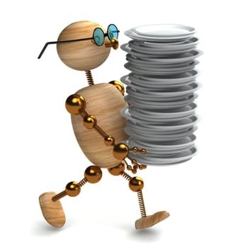 3d wood man is holding  dishes
