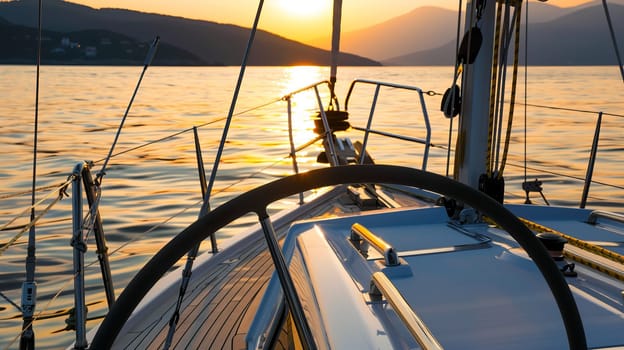 Serene sunset sailboat ride on tranquil waters with distant hills.