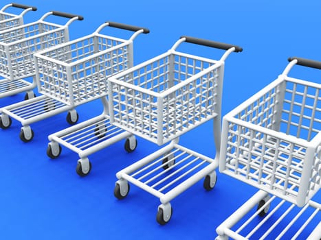 3D Shopping Cart Silver Row on Blue