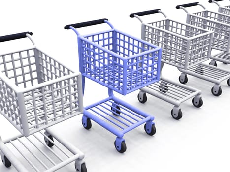 3D Shopping Cart Row Blue Silver