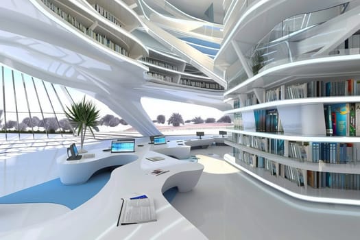 Futuristic library interior with curved desks and modern architecture design.