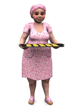 Chubby lady holding baking tray with cookies.