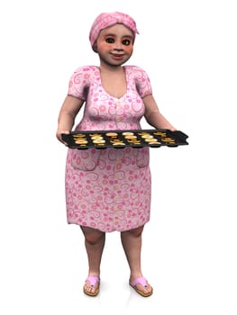 Chubby lady holding baking tray with donuts.