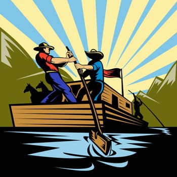 Cowboy man steering flatboat along river