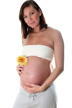 Smiling heavily pregnant woman with baby bump looking at camera and holding a flower to her belly